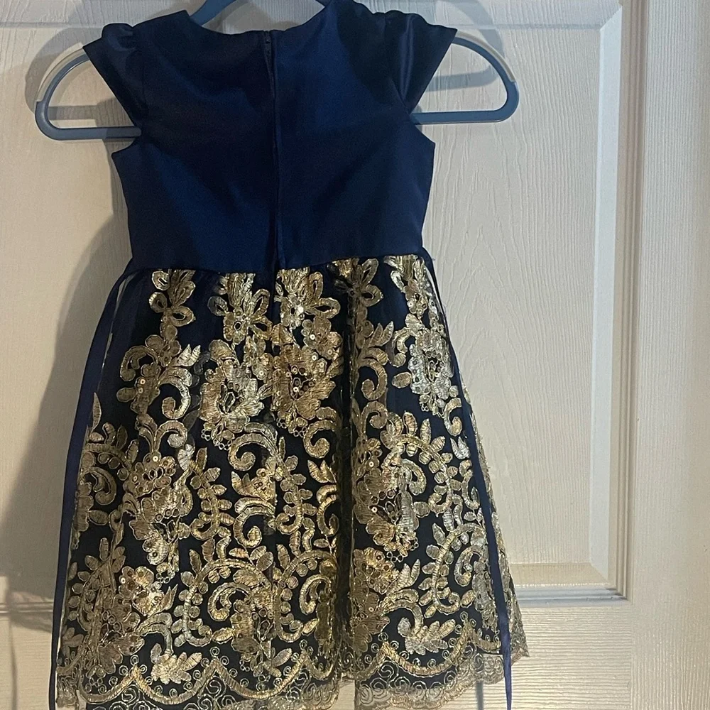 Rare Editions Navy Dress with Gold Lace Overlay - Picture 3 of 7